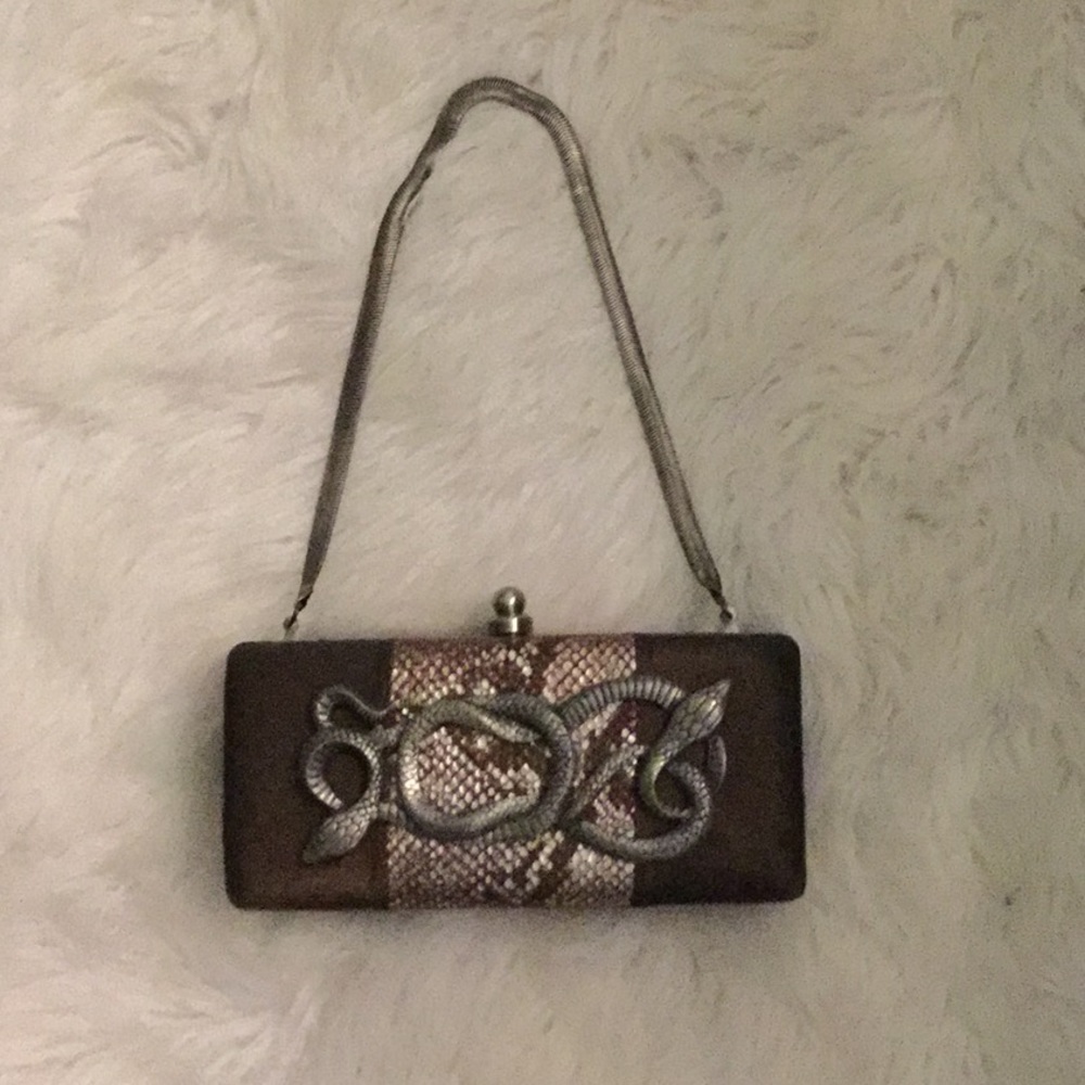 Brown silk w/ snakes hard clutch